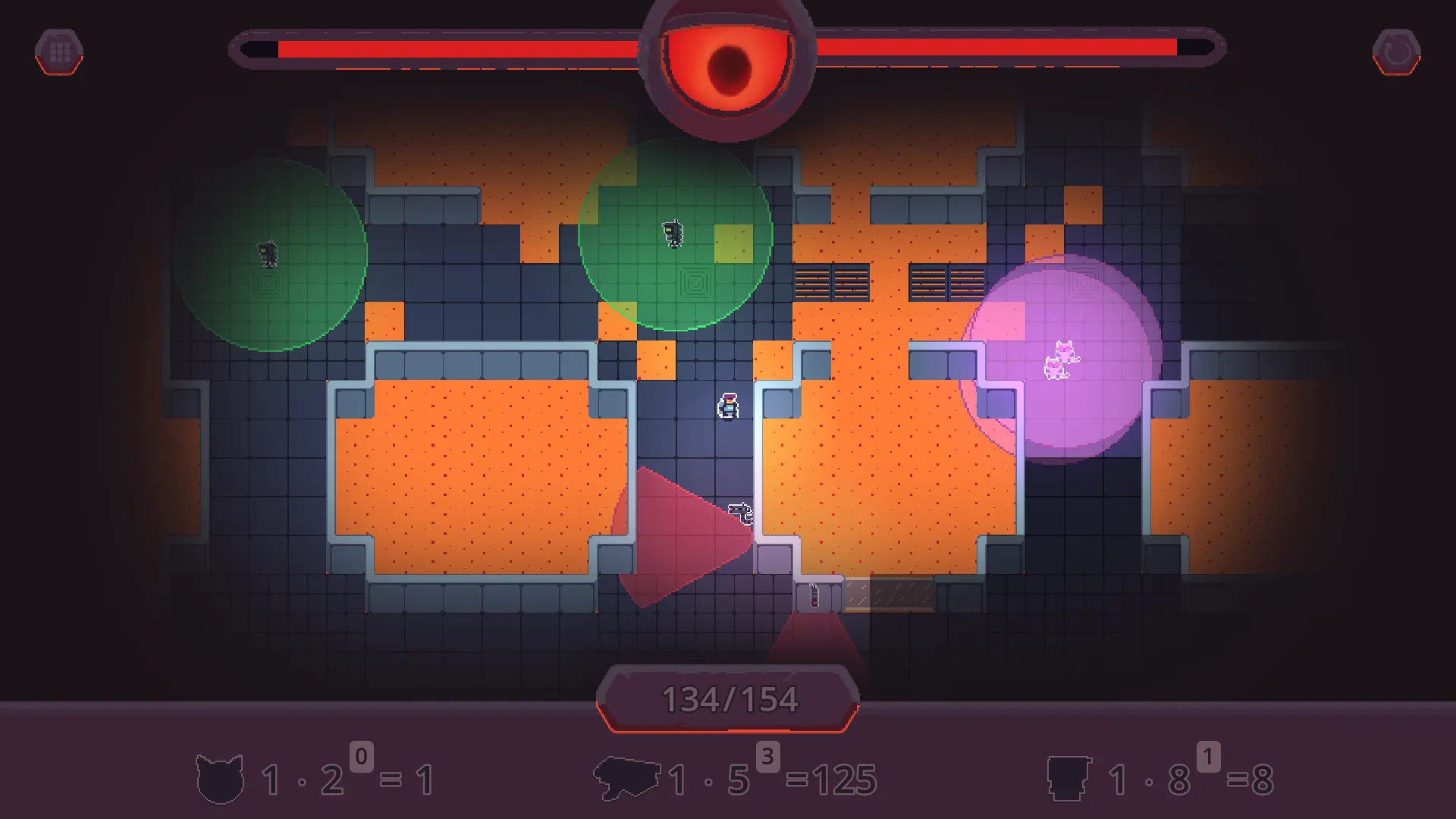 Der Spieler befindet sich in einem Labyrinth aus Lava. Der aktuelle Score ist bereits sehr hoch.