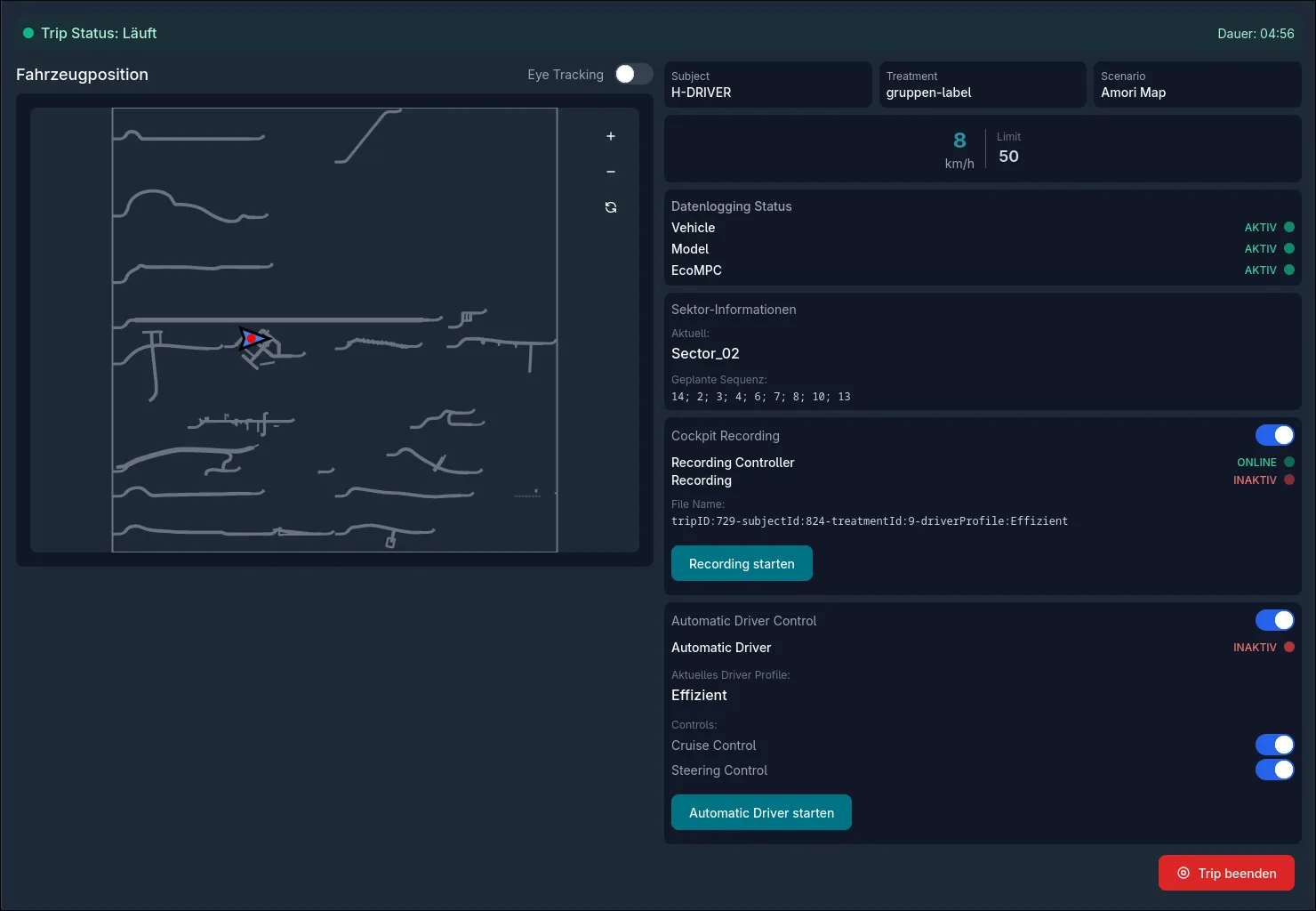 Monitoring Ansicht der StudyControlApp vor der Aufzeichung eines Fahrvideos. Auf der linken Seite ist das Recording Control Panel zu sehen.