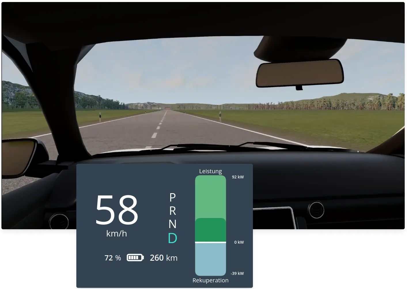 Ansicht der Proband*innen während der Bearbeitung einer Studie im Browser. Es wird eine Fahrt auf einer geraden Strecke abgespielt. Das StatusQuo Display wird im Bereich des Tachos angezeigt.